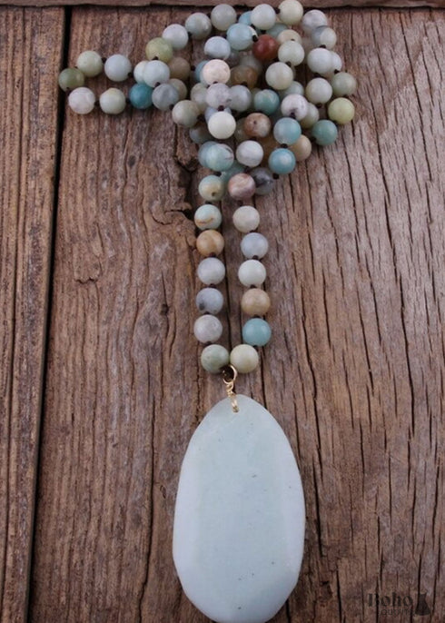 Boho Necklace, RH Rose Quart Amazonite, Oval Blue White Black Natural Stone